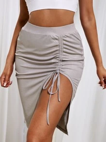 素色側抽繩高衩半身裙 - 灰色 - 查看 1