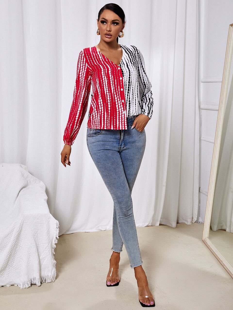 Graphic Print Two Tone Button Up V Neck Blouse