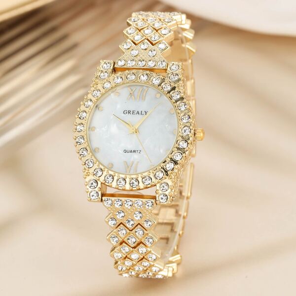 

Rhinestone Decor Round Pointer Quartz Watch