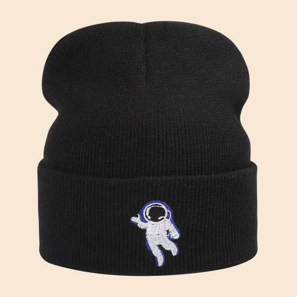 

Men Astronaut Embroidered Beanie, Black