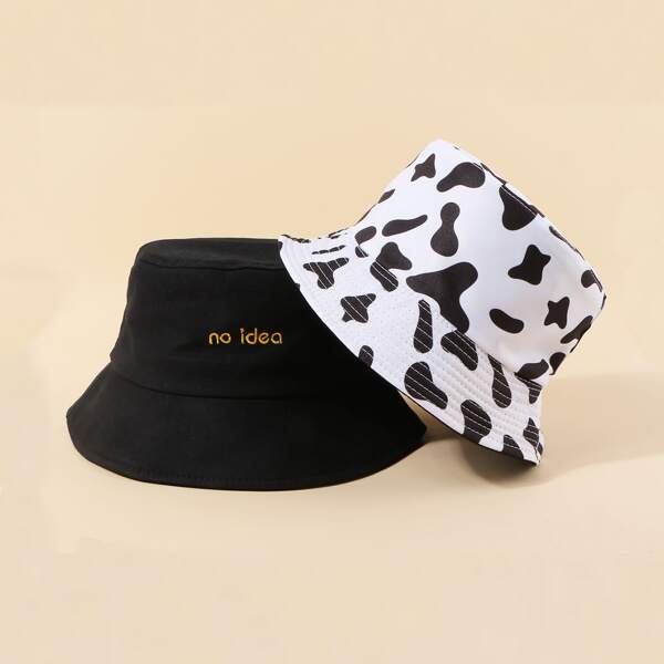 

2pcs Men Cow Pattern Bucket Hat, Black and white