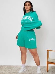 SHEIN Plus Letter Graphic Drawstring Waist Shorts - Mint Blue - View 5