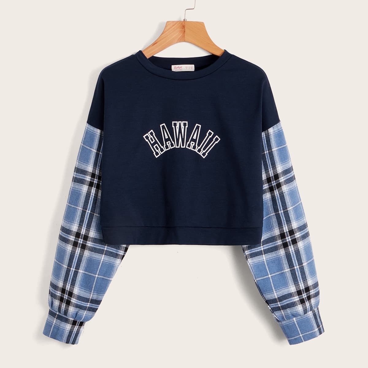 

Contrast Plaid Letter Print Sweatshirt, Navy blue