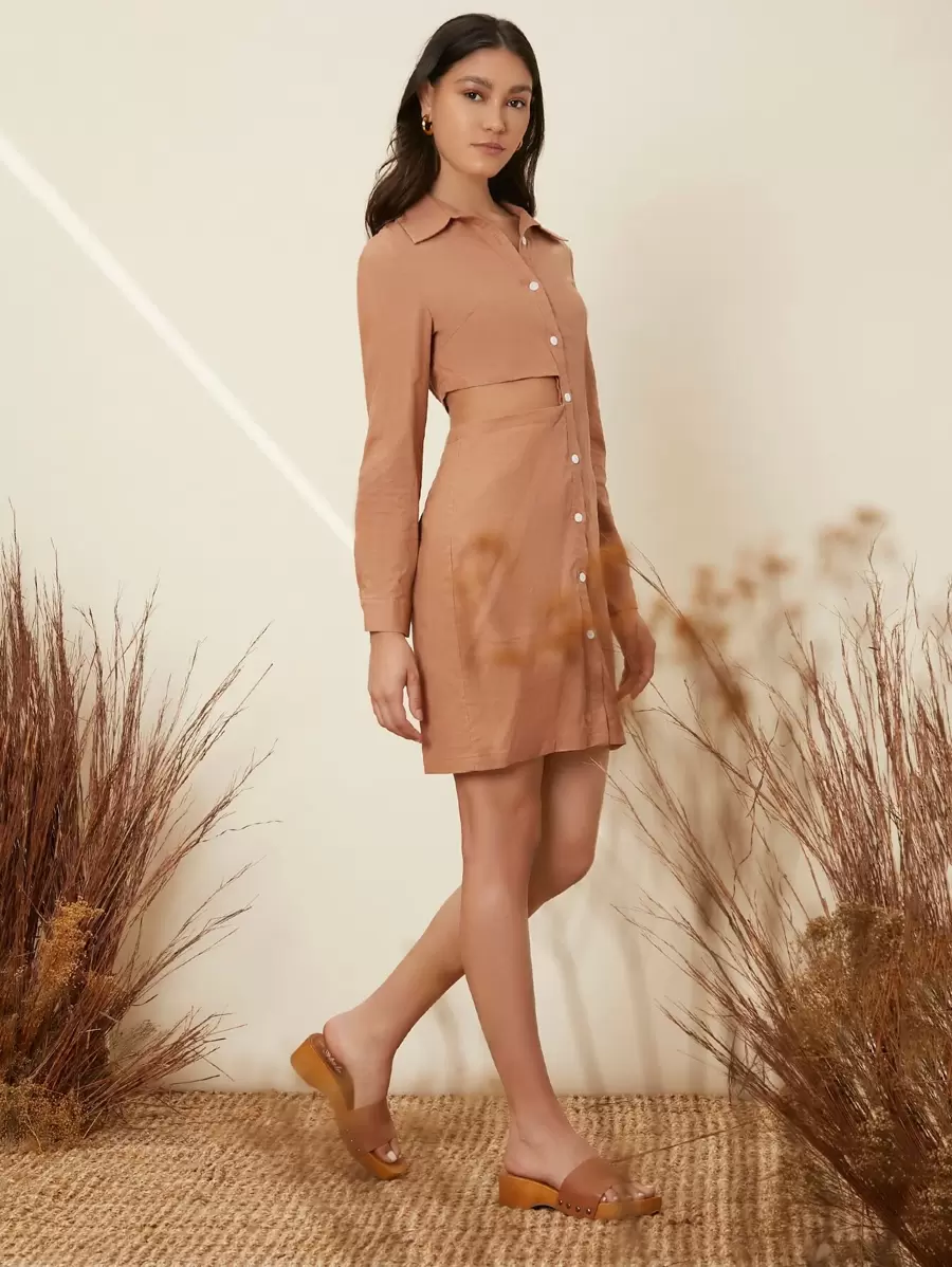 SHEIN Unity 鏤空前紐扣襯衫連衣裙 - 杏色 - 查看 1