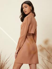 SHEIN Unity 鏤空前紐扣襯衫連衣裙 - 杏色 - 查看 2