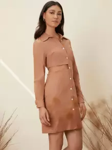 SHEIN Unity 鏤空前紐扣襯衫連衣裙 - 杏色 - 查看 3