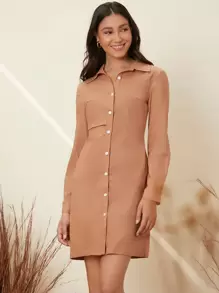 SHEIN Unity 鏤空前紐扣襯衫連衣裙 - 杏色 - 查看 4