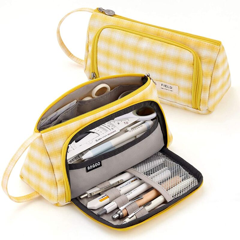 

1pc Large Plaid Pencil Bag, Yellow