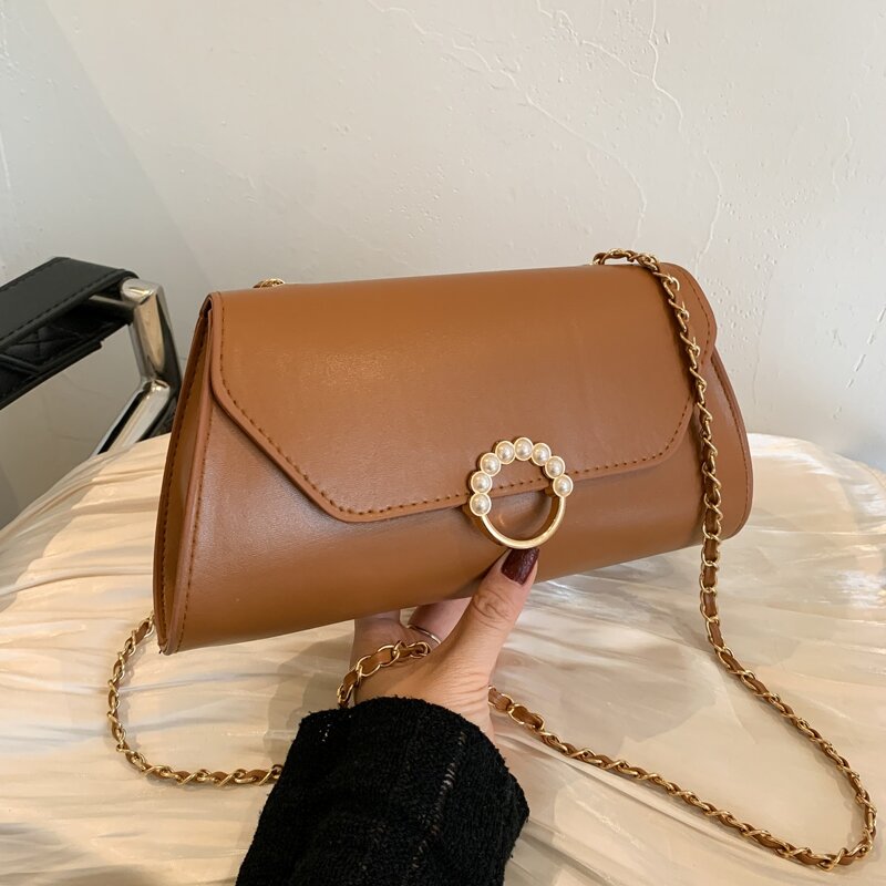 

Faux Pearl Decor Flap Crossbody Bag, Brown