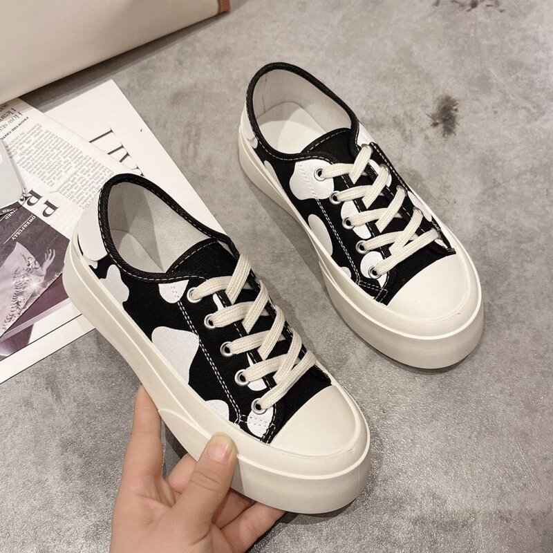 

Cow Print Canvas Shoes, Black