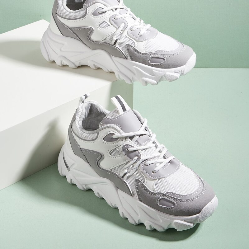 

Mesh Panel Lace-up Chunky Sneakers, Grey