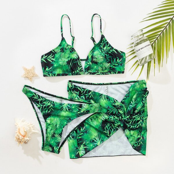 

3pack Leaf Pattern Bikini Swimsuit & Beach Skirt, Multicolor