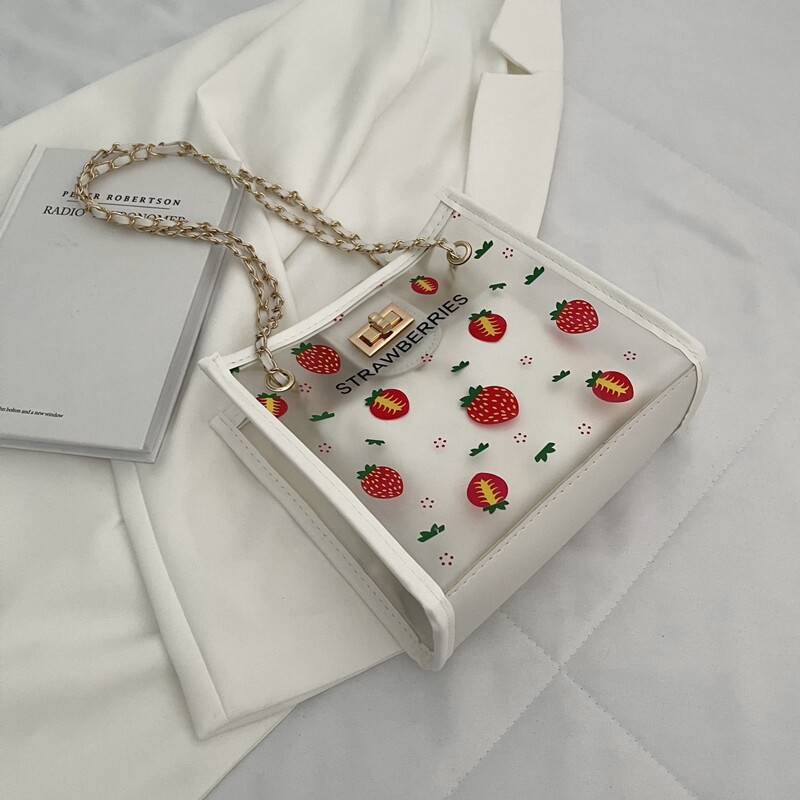 

Cartoon Strawberry Print Chain Bag, White
