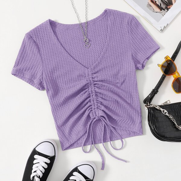 

Drawstring Ruched Waffle Knit Tee, Lilac purple