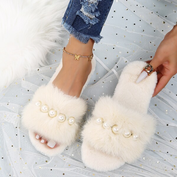

Pearls Decor Fluffy Slippers, Beige