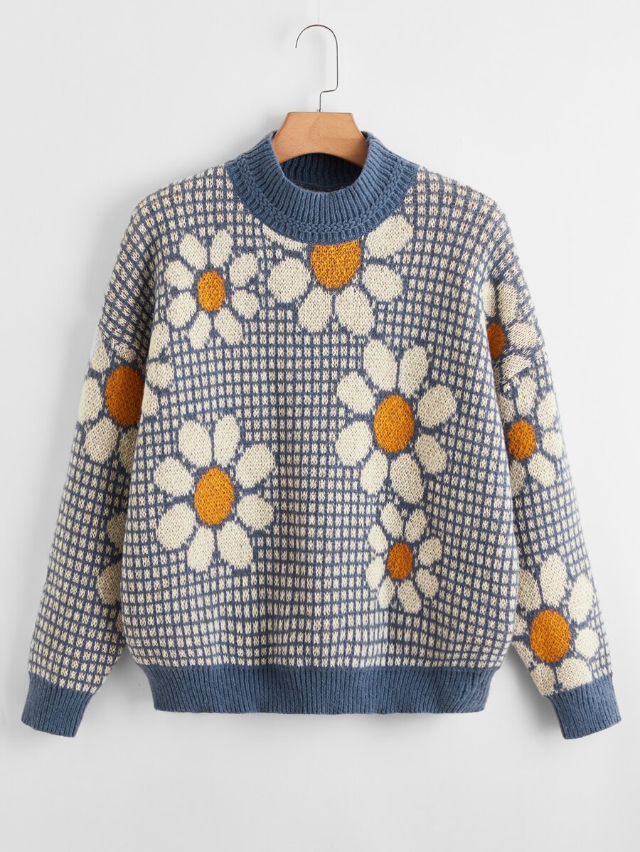 SHEIN Qutie Jersey de cuello alto floral & con patrón de cuadros de hombros caídos - Multicolor - Ver 1