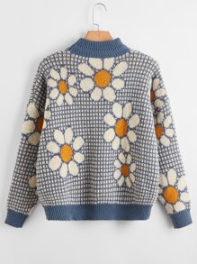 SHEIN Qutie Jersey de cuello alto floral & con patrón de cuadros de hombros caídos - Multicolor - Ver 2