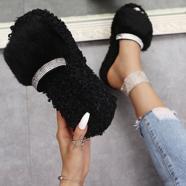 

Minimalist Rhinestone Decor Fluffy Slippers, Black