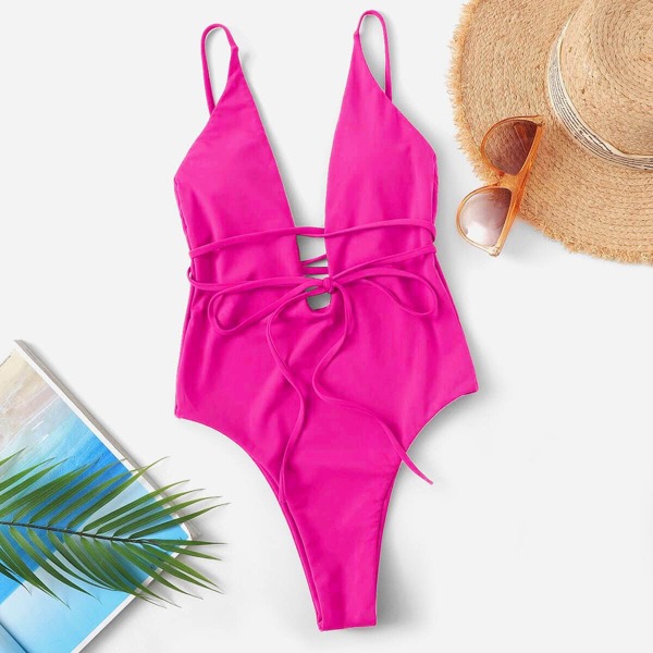 

Plain Plunging One Piece Swimsuit, Hot pink