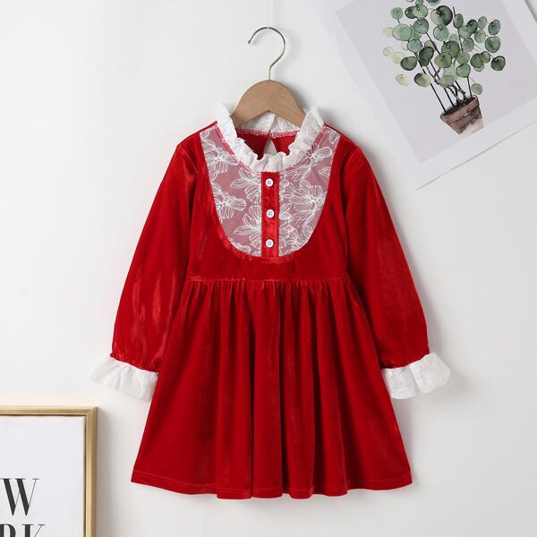 

Toddler Girls Lace Insert Ruffle Neck Flounce Sleeve Velvet Dress, Burgundy