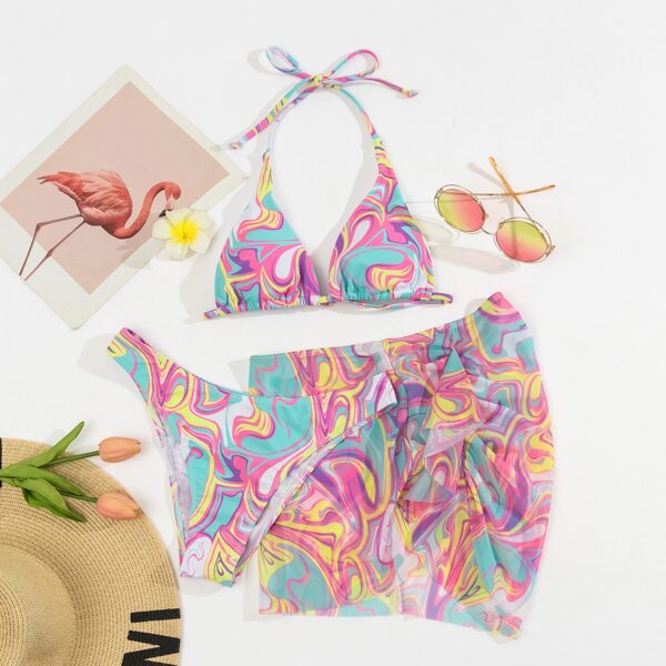 

3pack Allover Print Halter Bikini Swimsuit & Beach Skirt, Multicolor