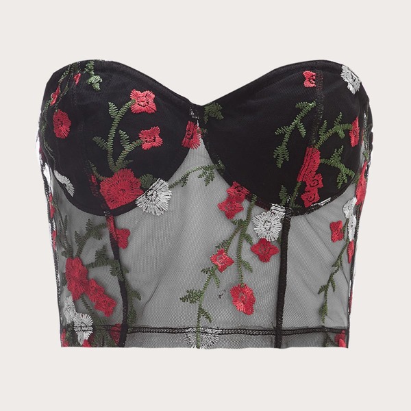 

Floral Embroidery Zip Back Sheer Mesh Crop Top, Black