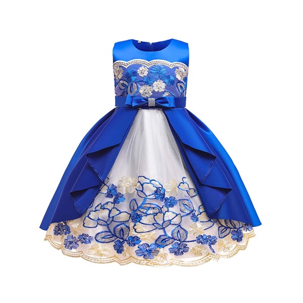 

Girls Contrast Sequins Embroidery Mesh Two Layered Hem Party Dress, Blue and white