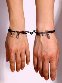 2 chiếc vòng tay đôi bằng dây thừng đen trang trí hình phi hành gia và ngôi sao. - màu đen - Xem 1