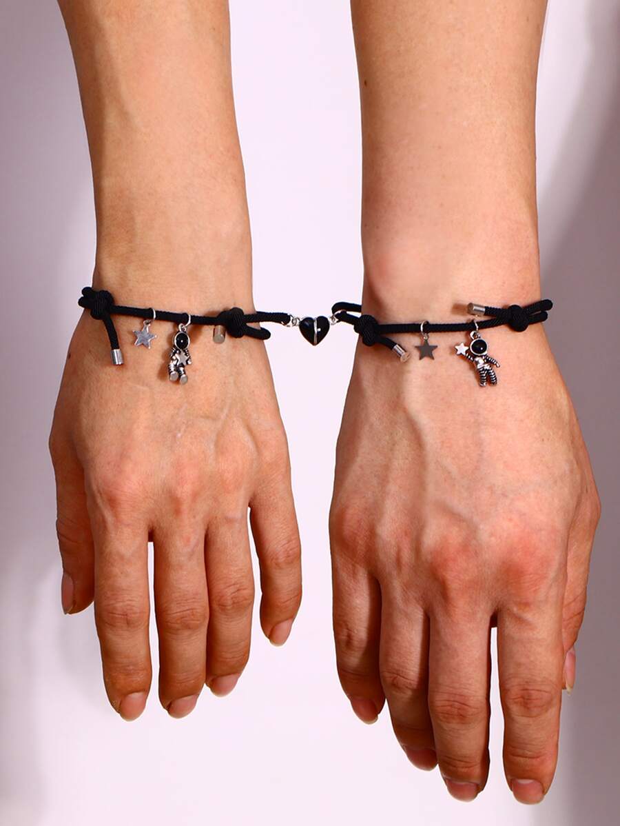 2 chiếc vòng tay đôi bằng dây thừng đen trang trí hình phi hành gia và ngôi sao. - màu đen - Xem 1