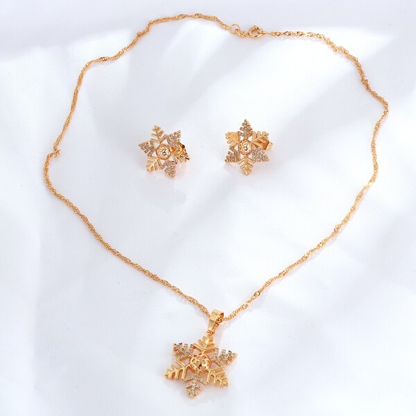 

Zircon Snowflake Decor Necklace & Stud Earrings, Gold