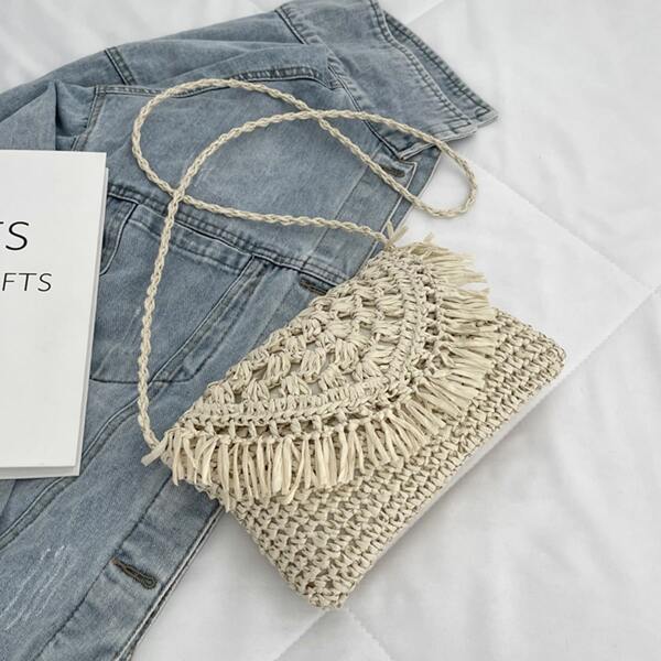 

Fringe Trim Flap Straw Crossbody Bag, Beige