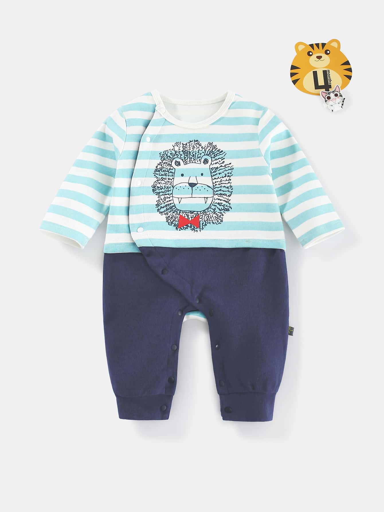 Peninsula Baby 男嬰蝴蝶結細節獅子圖案條紋圖案連身褲 - 彩色 - 查看 1