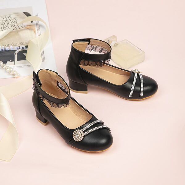 

Girls Rhinestone Decor Ankle Strap Flats, Black