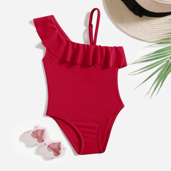 

Toddler Girls Ruffle Trim One Piece Swimsuit, Red
