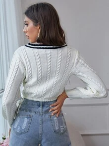 Cable Knit Crop Jumper - White - View 2