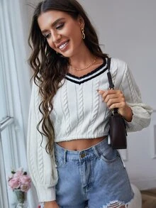 Cable Knit Crop Jumper - White - View 4
