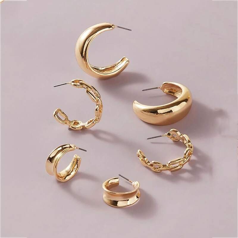 

6pcs Chain Design Hoop Earrings, Gold