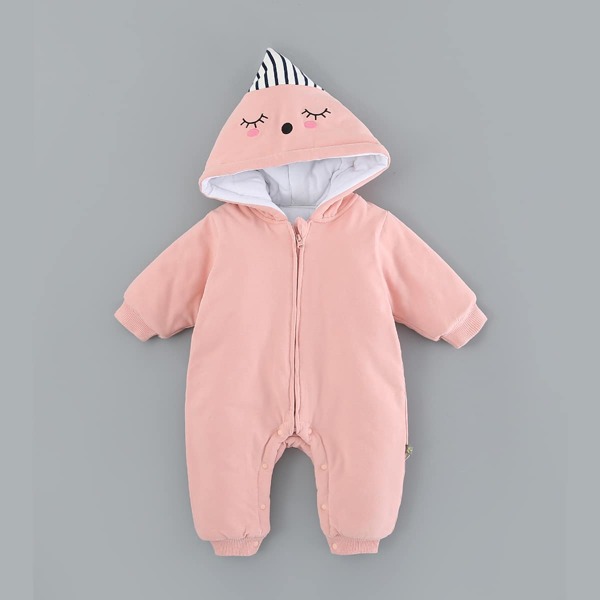 

Baby Unisex 3D Ear Design Cartoon Graphic Thermal Lined Jumpsuit, Baby pink