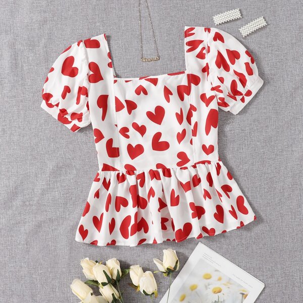 

Heart Print Puff Sleeve Ruffle Hem Blouse, Red and white