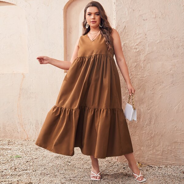 

Plus Ruffle Hem Smock Dress, Brown
