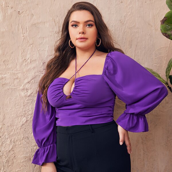 

Plus Drawstring Tie Back Flounce Sleeve Blouse, Purple