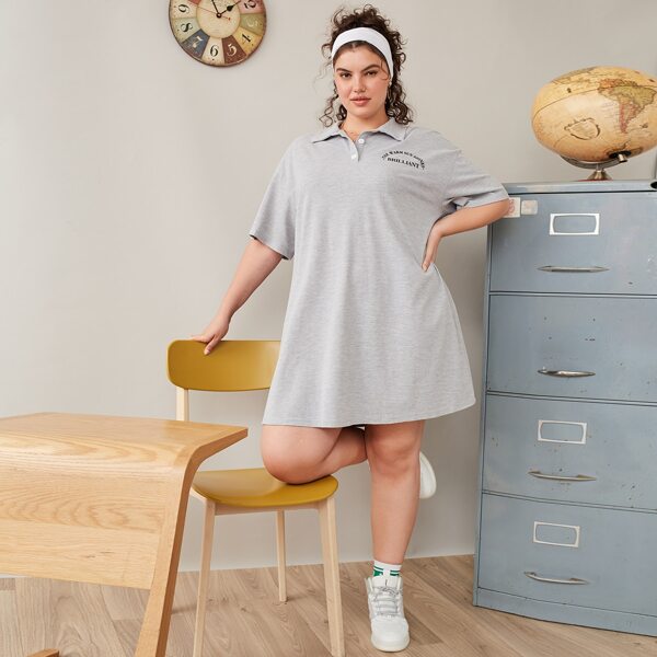 

Plus Polo Collar Letter Graphic Drop Shoulder Dress, Light grey