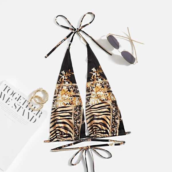 

Floral & Tiger Skin Print Crisscross Tie Back Crop Top, Multicolor