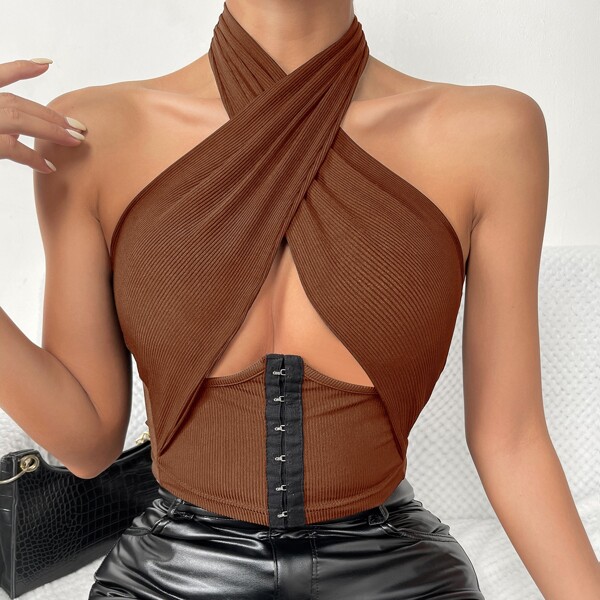 

Cut Out Front Corset Waist Halter Top, Coffee brown
