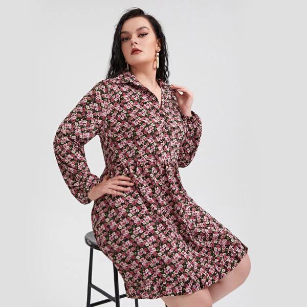 

Plus Ditsy Floral Print Button Front Shirt Dress, Multicolor