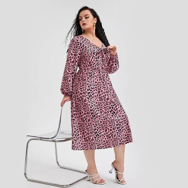 

Plus Leopard Print Knot Front Lantern Sleeve Dress, Pink