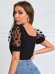 SHEIN Top corto de malla jacquard - Negro - Ver 2