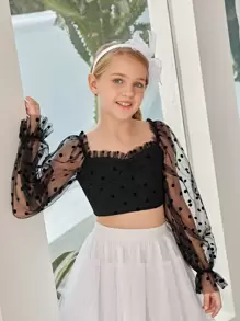 SHEIN 女孩褶邊荷葉袖波點網紗上衣 - 黑色 - 查看 1