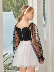 SHEIN 女孩褶邊荷葉袖波點網紗上衣 - 黑色 - 查看 2