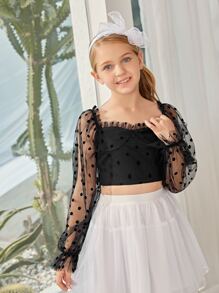 SHEIN 女孩褶邊荷葉袖波點網紗上衣 - 黑色 - 查看 5